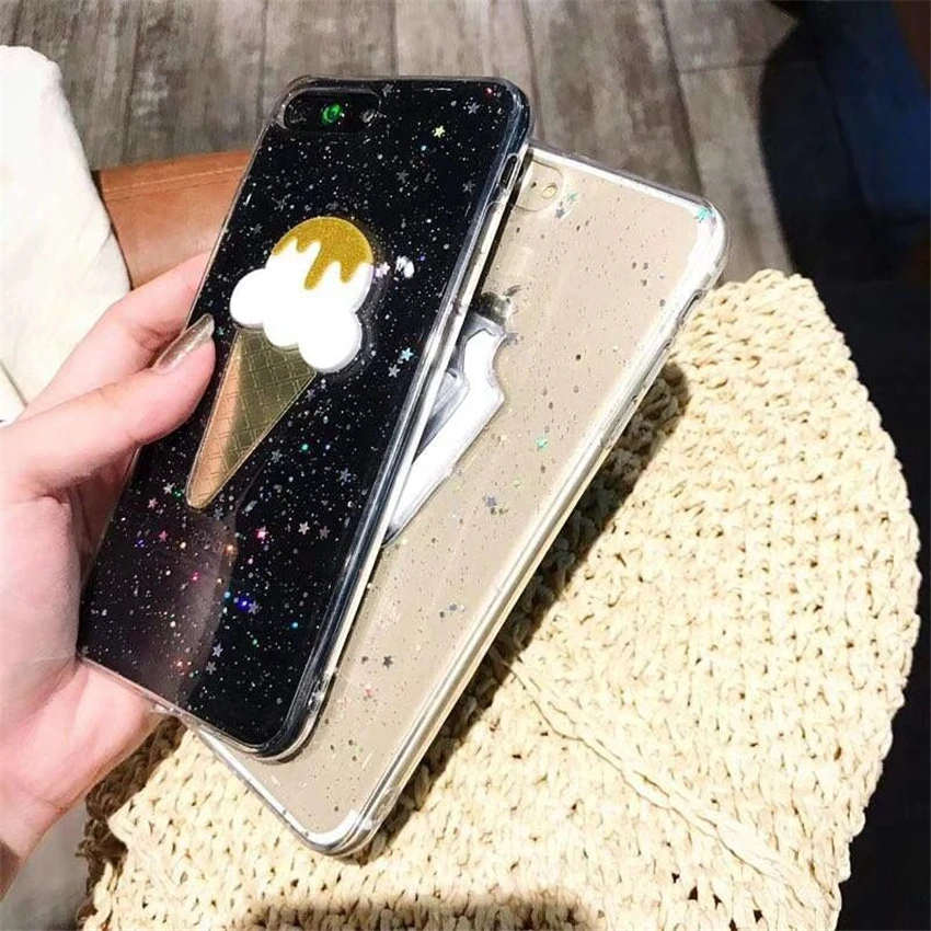 Luxury Glitter Ice Cream Phone Cases For iPhone 6 6S Plus Transparent Soft TPU Back Cover 7 8 X Coque Funda |