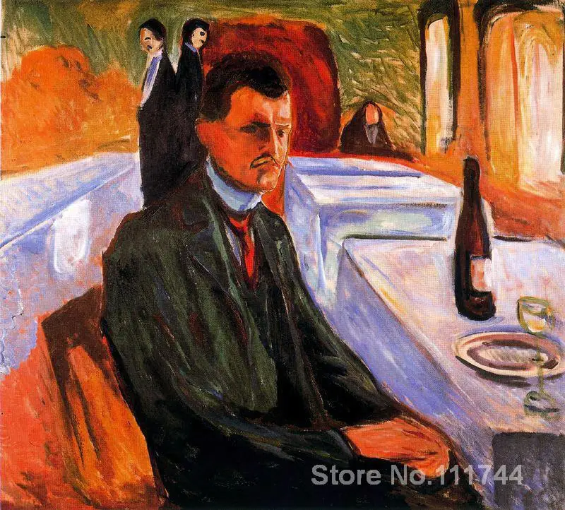 Купить Современный арт Автопортрет с бутылкой вина от Edvard Munch живопись Высокое