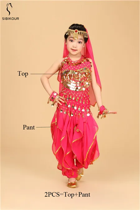 Rose Red 2pcs Kids Belly Dance Costume Bollywood Oriental Bellydance Dress Set Indian Egyptian Egypt Suit Pants Top Dancing Clothes Girls New - Цвет: Rose Red 2pcs