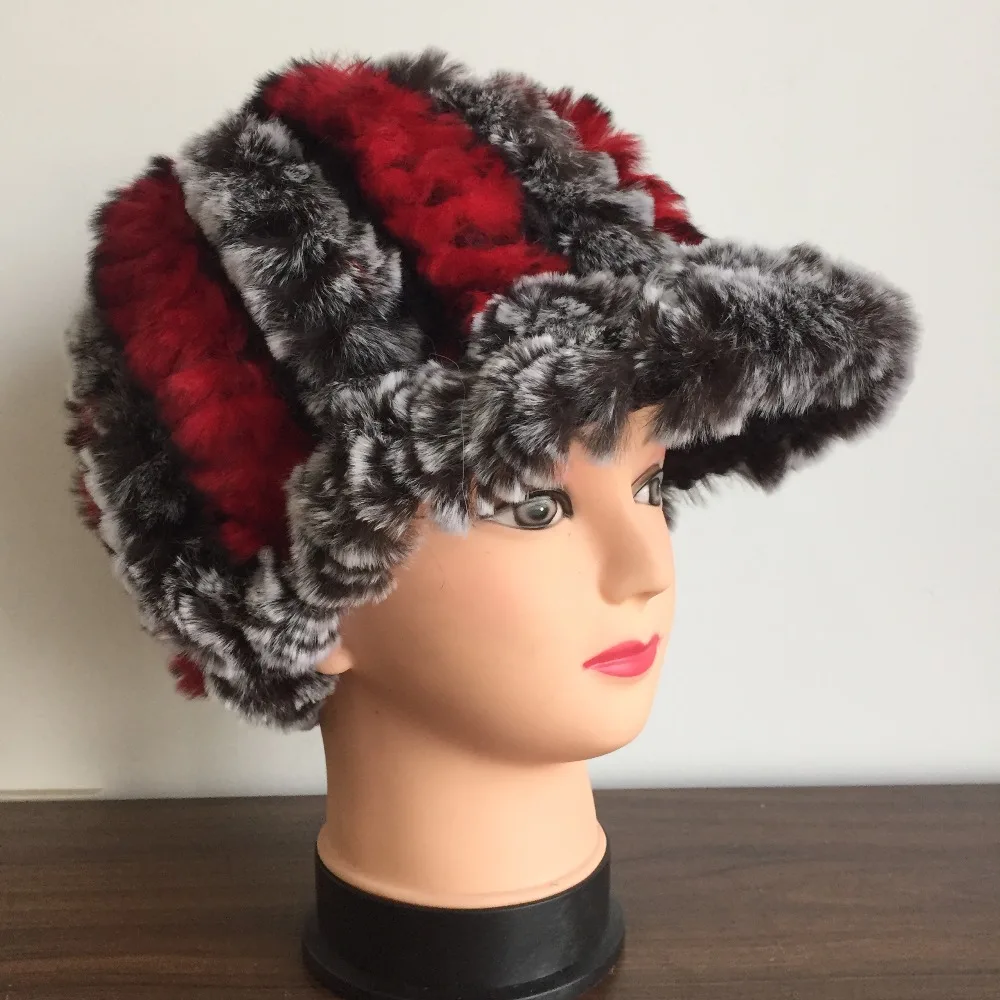 Женские вязаные шапки с козырьком из натурального кроличьего меха зимние теплые