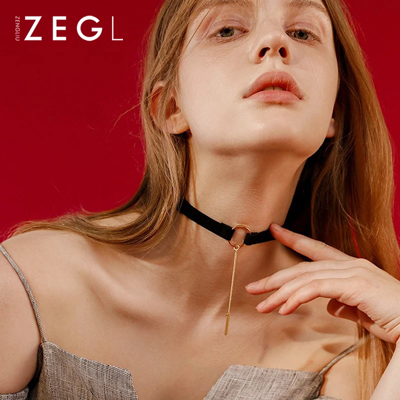 ZEGL Черное короткое ожерелье женский воротник шею цепь кисточка декольте