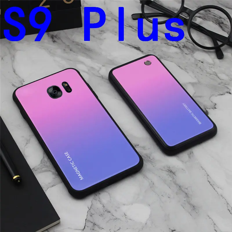 S9 Plus-Pink Тонкий градиентный магнитный беспроводной Чехол для зарядного устройства из закаленного стекла для samsung Galaxy S8 S9 Plus power Bank чехол для зарядки аккумулятора - Цвет: S9 Plus-Pink