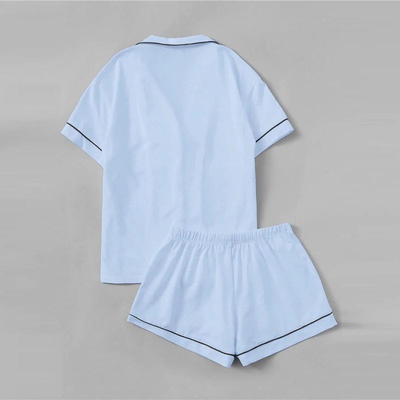 SHEIN контрастная окантовка карман спереди пижамный комплект черный короткий рукав топ с отворотом с эластичной талией шорты женские комплекты из двух предметов