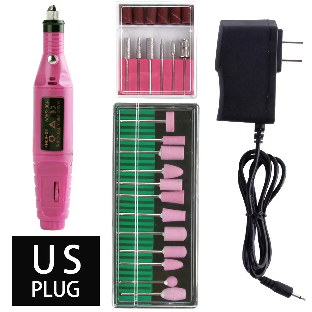 Pink US Plug 1 Набор мощная профессиональная электрическая дрель для ногтей, маникюрные инструменты, набор керамических сверл, роторные заусенцы, мельница для кутикулы, напильник - Цвет: Pink US Plug