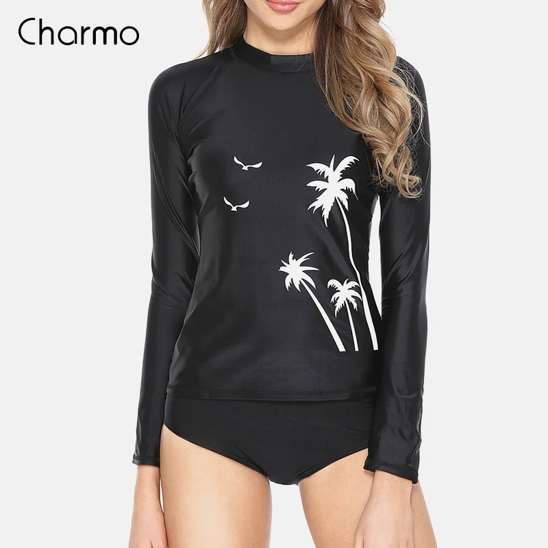 Charmo, Женский Рашгард с длинным рукавом, купальник, рубашки UPF50+, Женский Ретро принт, купальники, УФ-защита, ретро Рашгард, пляжная одежда - Цвет: 5010BLA