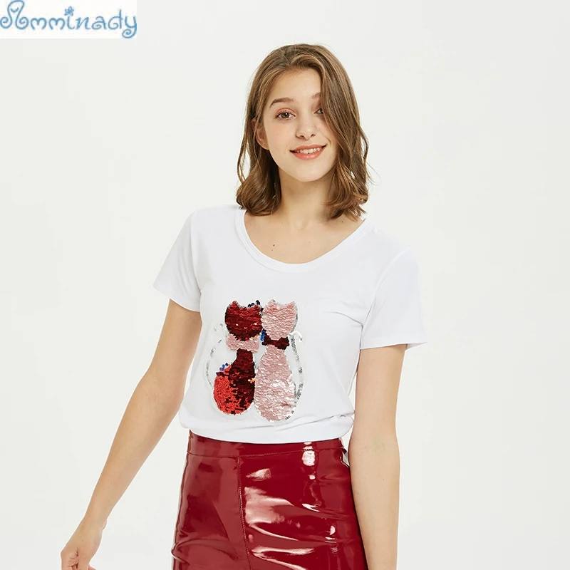 Женская футболка с блестками и рисунком кошки модная летняя размера плюс для