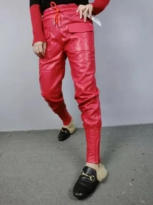Женские шаровары из ПУ кожи с поясом свободного покроя|feet pants|pu leather pantsfashion harem pants |