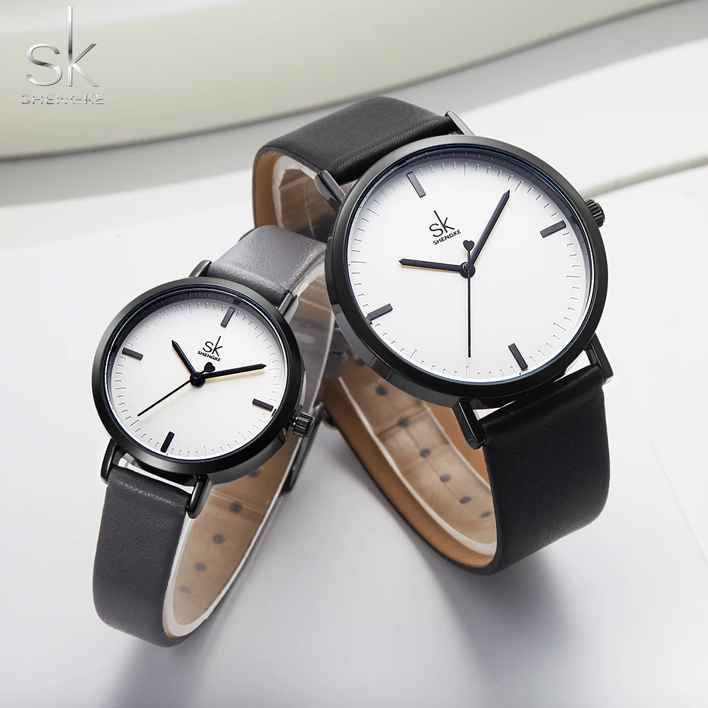 

Shengke Lover Fashion Black Leather Strap Watch Men Women Wristwatch Couple Watches Gift Set Quartz Japanese Watch Montre Femme