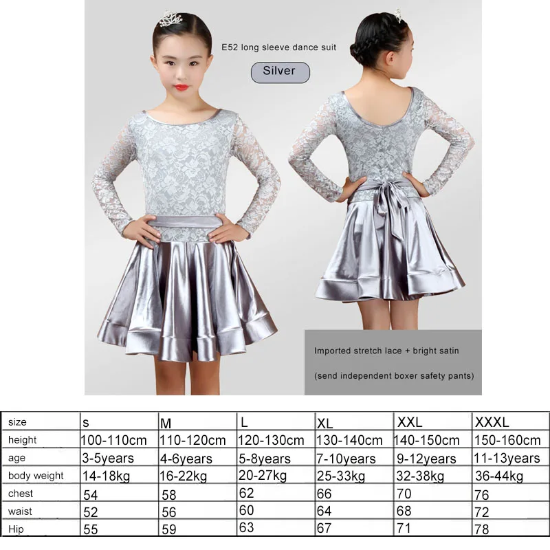 Silver Long sleeve Новое платье для латиноамериканских танцев для девочек, бальная юбка для девочек, платье для девочек, атласная яркая атласная ткань, танцевальная юбка, костюм, танцевальная одежда для соревнований - Цвет: Silver Long sleeve