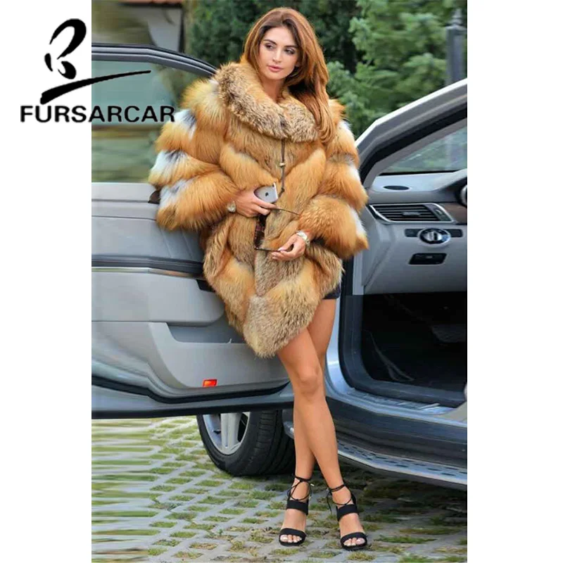 FURSARCAR 2021 New Luxury Real Gold Fox Fur Shawls Winter Thick Warm Women Coats With Fur Collar Fashion Fur Cape For  Female