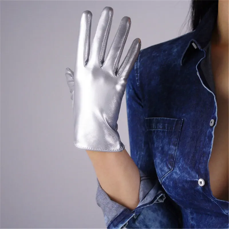 patent leathersilver Новинка, женские перчатки из лакированной кожи пу, короткие, 21 см, Яркие Кожаные, для танцевальной вечеринки, имитация кожи, женские перчатки для косплея, PU21 - Цвет: patent leathersilver