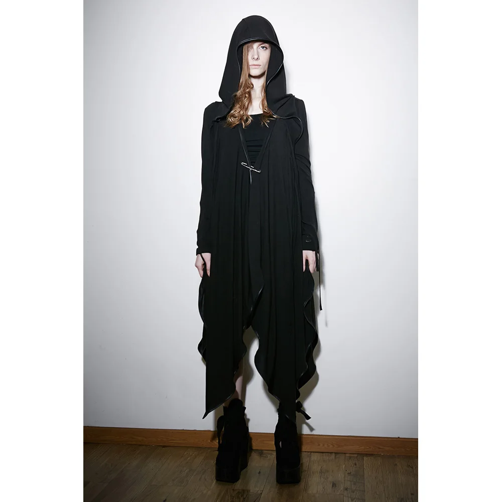 Черная куртка Witchy с капюшоном и низкой асимметричной накидкой в стиле Панк rave PY134