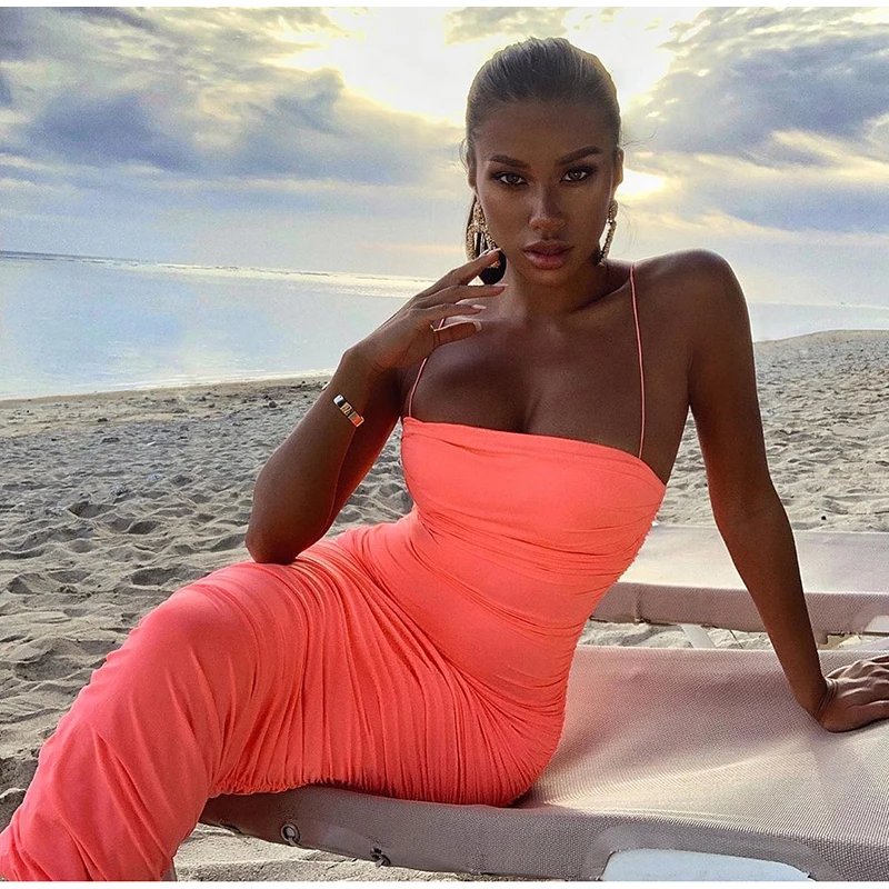 Coral Colysmo 2 Layers Bodycon Women Dress Summer Pleated Long Dress Woman Party Night Slim Fit Sexy Dress Maxi Pink White Robe - Цвет: Coral
