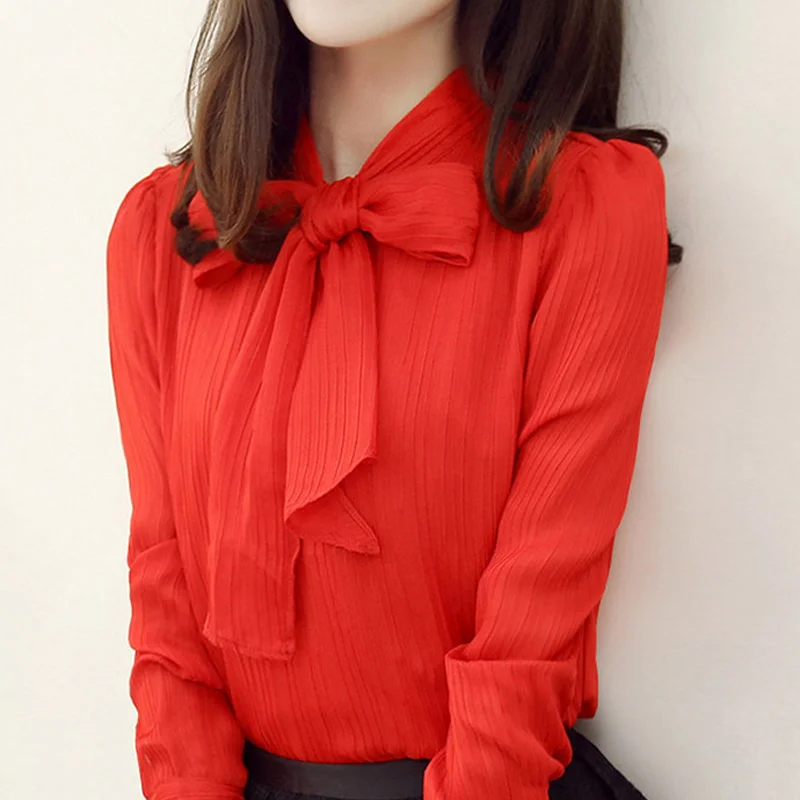Женская шифоновая рубашка с длинным рукавом и бантом офисная одежда