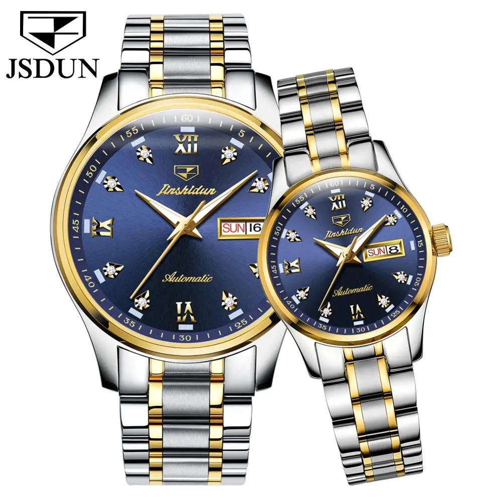 Blue Gold JSDUN синий циферблат автоматический самоходный ход мужчины t высокого качества Роскошные пары часы светящиеся водонепроницаемые механические часы для мужчин и женщин - Цвет: Blue Gold