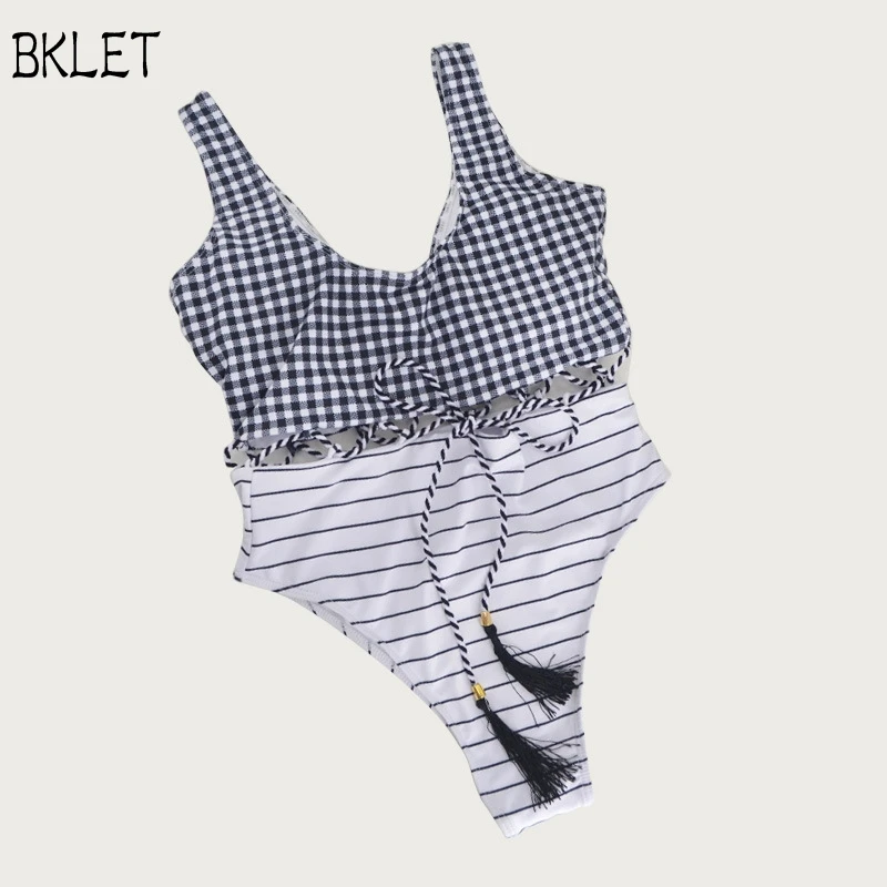 

Plaid And Stripe Swimwear Women One Piece Sexy Swimsuit Hollow Out Bathing Suit Swimwear High Waist Monokini 2018