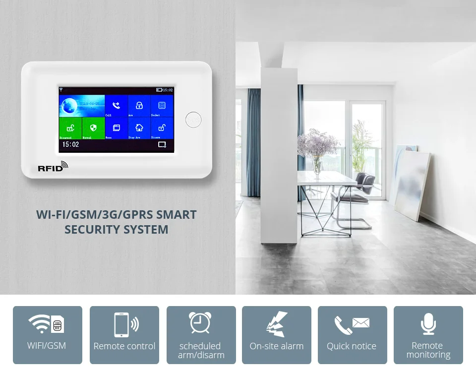 FUERS wifi GSM домашняя система охранной сигнализации Мини PIR детектор движения GPRS 4,3 дюймов TFT цветной экран приложение RFID контроль 10 языков