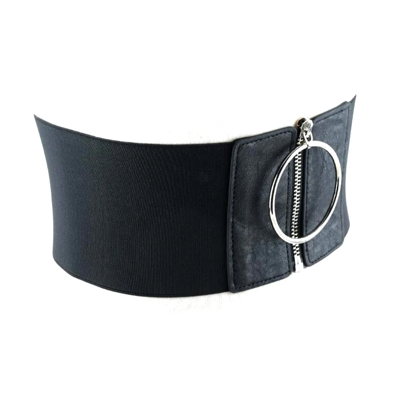 Кожаный широкий эластичный женский ремень с серебряной пряжкой украшенный