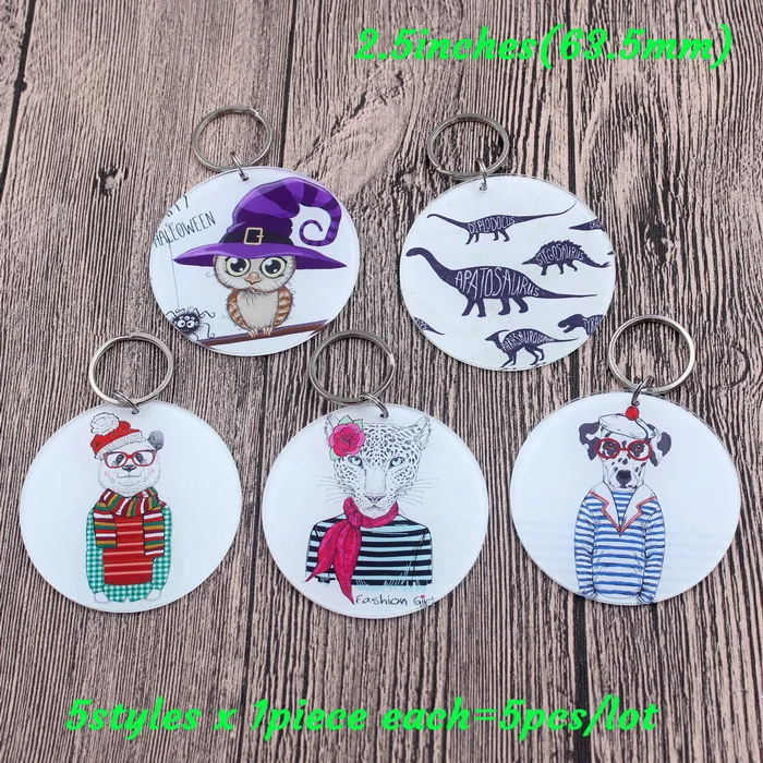dog set-5pcs 5 шт./лот) 63,5 мм прозрачные акриловые брелки 2," круглые брелки УФ принт брелок в виде фламинго брелок для ключей с монограммой Gift-KC001 - Цвет: dog set-5pcs