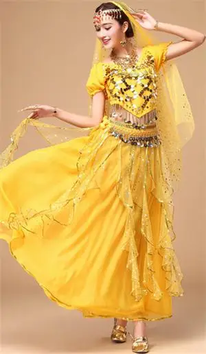 Yellow 2 pcs DJGRSTER костюм Болливуд индийский костюм платье для танца живота платье Для женщин живота Танцы костюм наборы Племенной юбка 2-3 шт./компл - Цвет: Yellow 2 pcs
