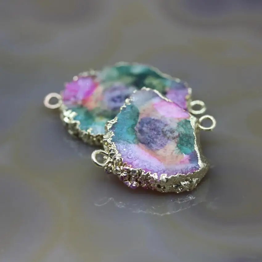 5Pcs/lot,Rainbow Color Solar Quartz Drusy Geode Slabs Gold Edges Connectors Charms,Raw Sun Flower Druzy Nugget Pendants Jewelry