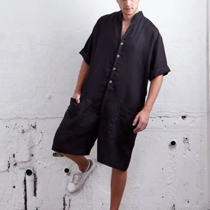 CYSINCOS Summer Loose Men Rompers Cotton Half Sleeve Button Pants Vintage Casual Solid Men Cargo Overalls Jumpsuit Trousers Men
