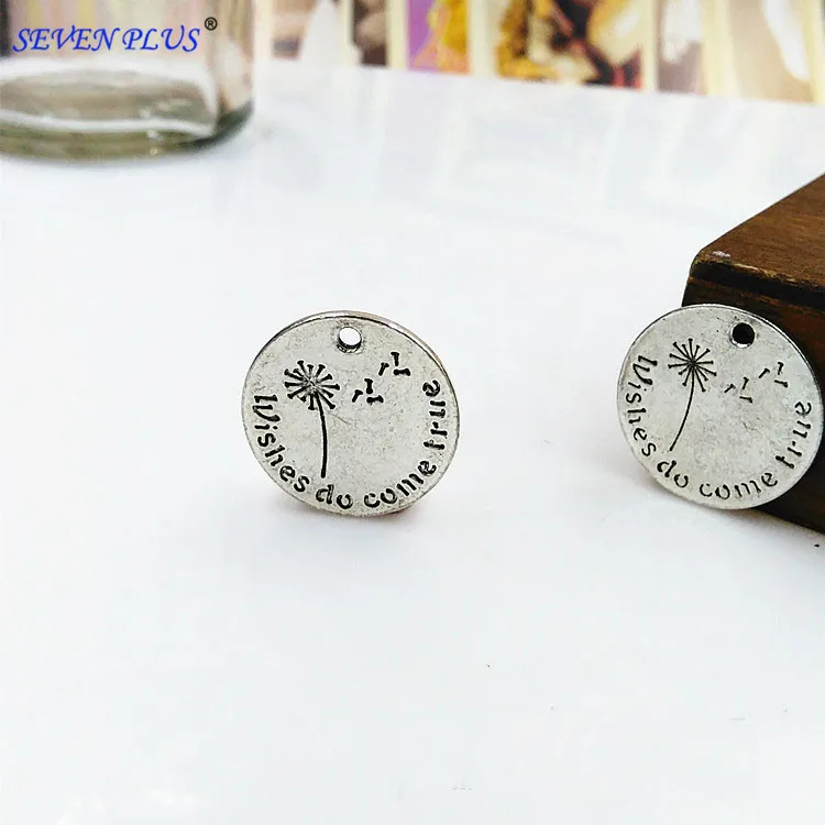 

20 Pieces/Lot Diameter 20mm Double-sided Wishes Do Come True Cute Words Wish Charm Pendant Dandelion Alloy Charms 3106