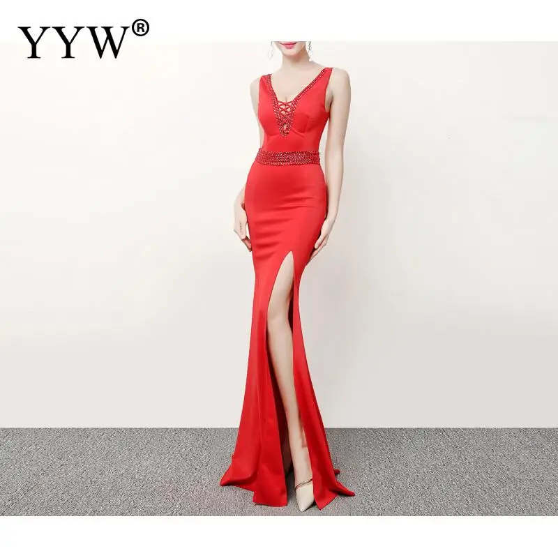 red Robe De Soiree модная обувь с украшением в виде кристаллов Бисер Длинные Русалка Вечерние Платье Для женщин сексуальный v-образный вырез с низким вырезом на спине кружевное элегантное вечернее платье для выпускного бала - Цвет: red