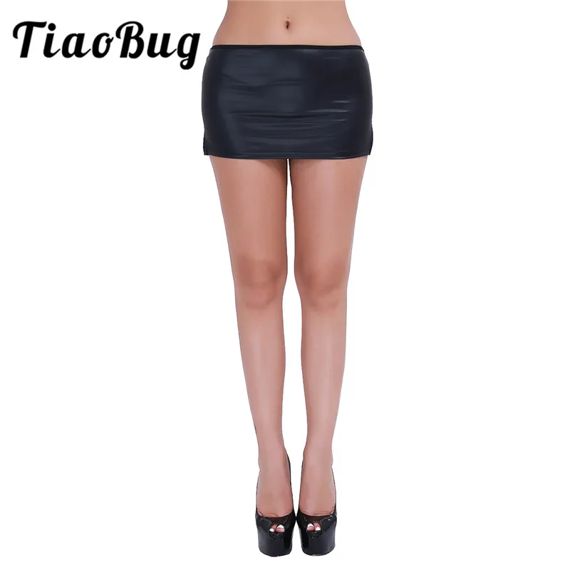 Стильная женская мини юбка из лакированной кожи TiaoBug черная трапеция с поясом