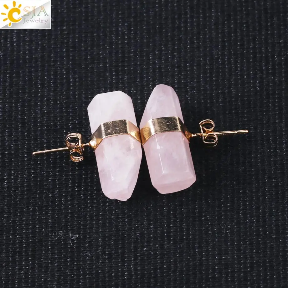 Rose Quartz Gold CSJA серьги-гвоздики с натуральным камнем, Геометрическая кристаллическая колонна, розовая кварцевая Серьга для женщин, исцеляющая Мода, драгоценности для ушей, подарки G033 - Окраска металла: Rose Quartz Gold
