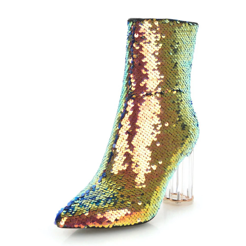 gold thin fur DoraTasia Fashion Sequined Cover Ankle Boots Female Autumn Winter Shoes Pointed Toe High Heels Boots Women Shoes - Цвет: gold thin fur