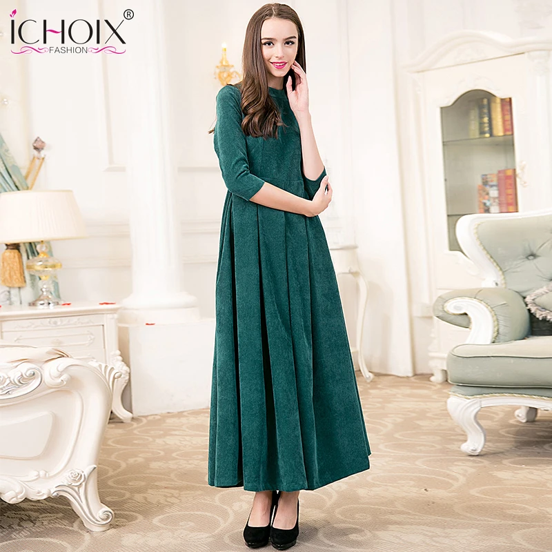 2017 осень-зима с круглым вырезом Элегантные Винтаж макси длинные платья