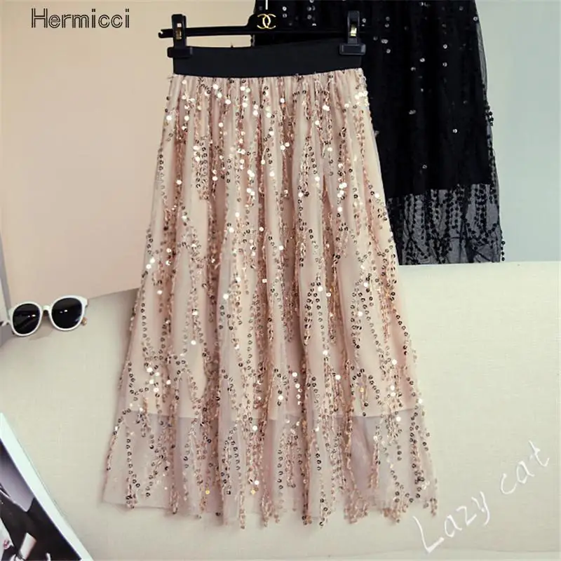 Женская юбка миди с золотыми блестками элегантная сетчатая вышивкой и