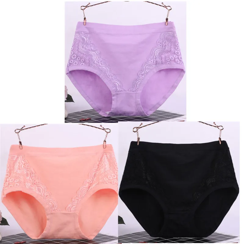 purple pink black 3 шт./лот, XL-6XL, большие размеры, высокая талия, женские трусики, одноцветные хлопковые трусы, нижнее белье, женские сексуальные кружевные бесшовные трусы 6634 - Цвет: purple pink black
