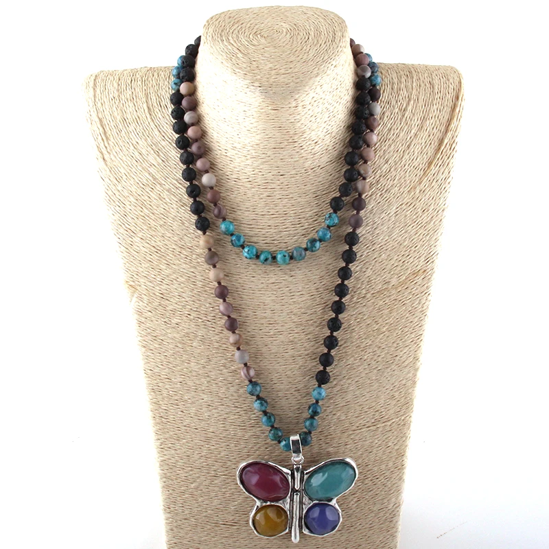 Новинка! MOODPC 108 бусины Mala Multi Stone сплетенные бабочки ожерелье с подвеской Женская