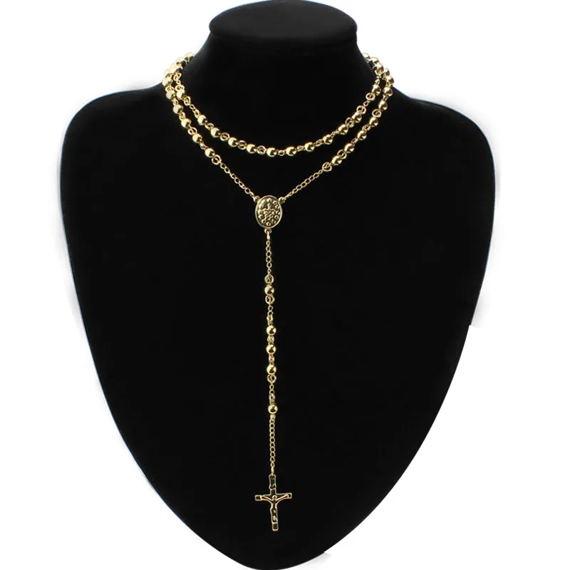 

2020 new Black Gold Color Beads Long Rosary Necklace for Women Men Stainless Steel St Benedict Cross Pendant Sweater Chain Unis