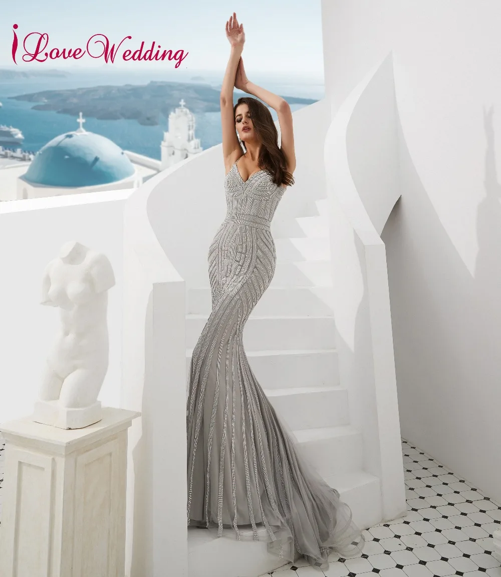 ILoveWedding Vestido de festa великолепные v-образный вырез на тонких бретелях серые расшитые блестками Длинные вечерние платья Русалка