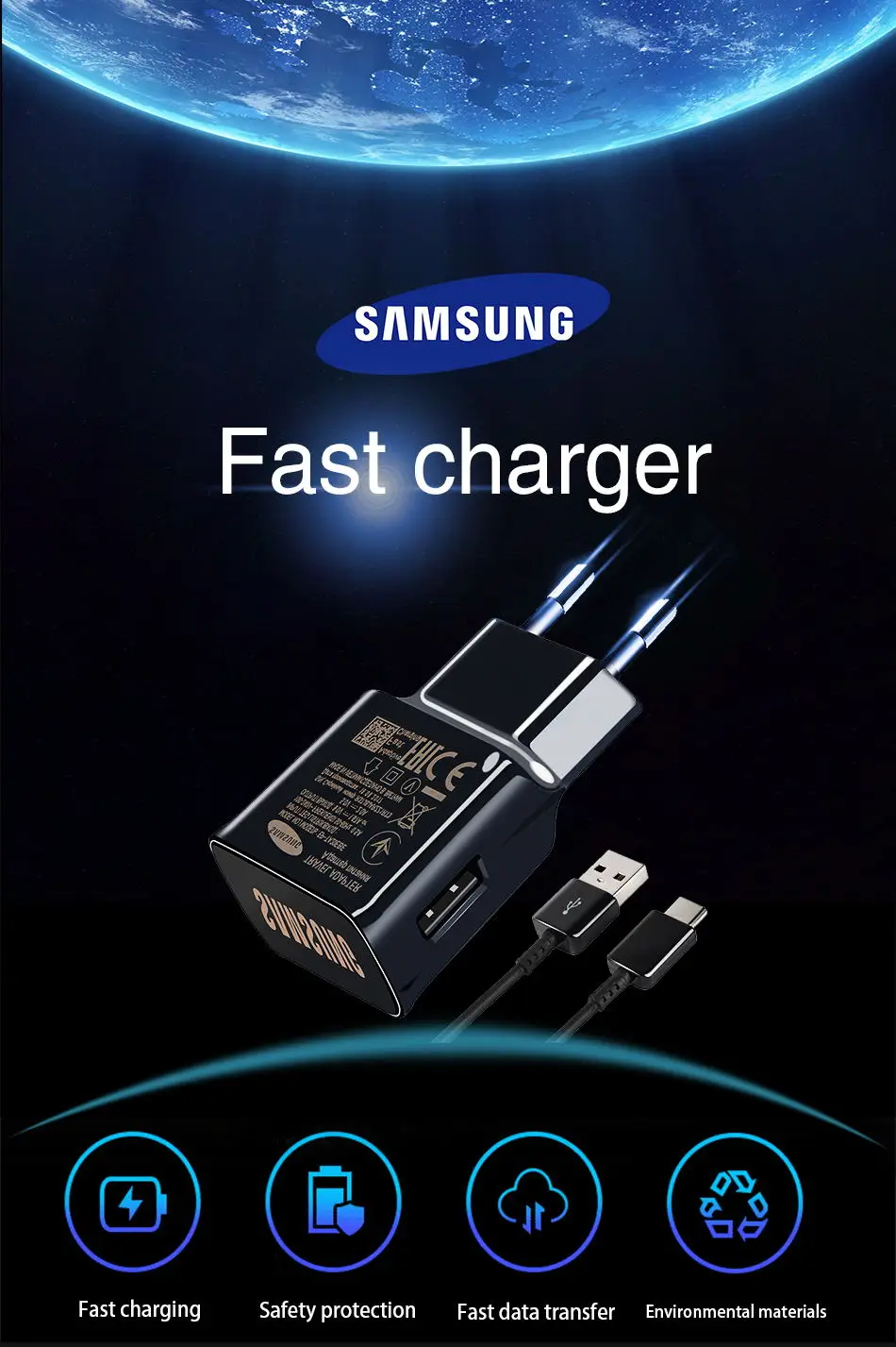 Samsung Galaxy Note9 S8 S9 plus быстрое зарядное устройство 15 Вт 9V1. 67A 1,2 м usb type C кабель адаптер для путешествий EU/US/UK Note8 S 8 C5 C7 C9pro