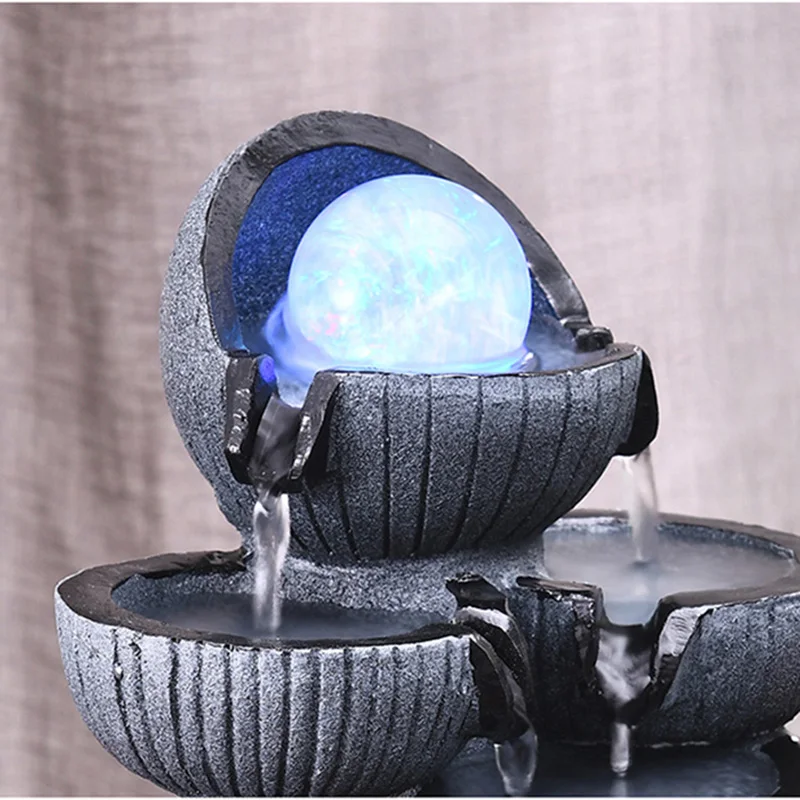 

110/220V Simple Geometry Water Fountain Resin Craft LED Crystal Ball Water Feature Office Desktop Ornament Lucky Home Decor Gift