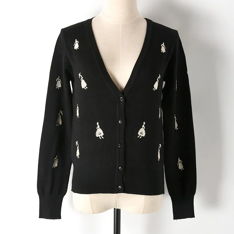 

Makuluya Soft Dancing Girl Embroidery V-neck Solid Vintage Cute Knitted Cardigan Sweater Spring Autumn Summer Women Slim Coat QW