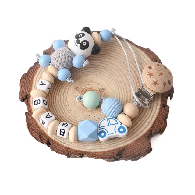 Blue Panda Бука деревянная соска цепи персонализированные имя ручной работы DIY цепочка для прорезывания зубов детский Прорезыватель зубов, пустышка Клип крючком бисера детский продукт - Цвет: Blue Panda