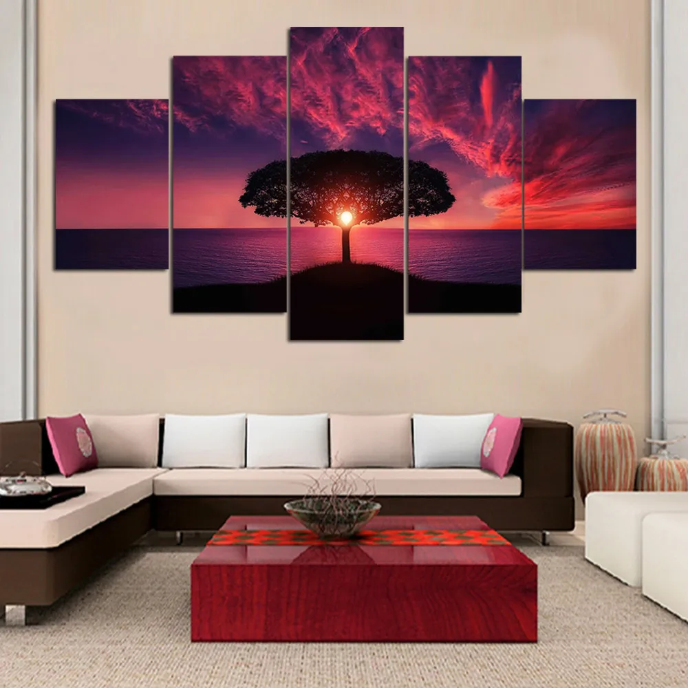 Дерево под закат пейзаж модульная Картины на стене Lagre Wall Art Куадрос настенные