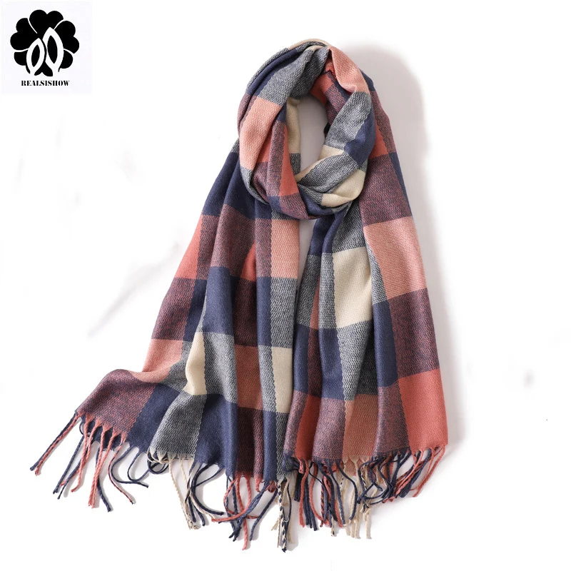 Женский кашемировый шарф REALSISHOW зимний теплый в клетку с кисточками для женщин и