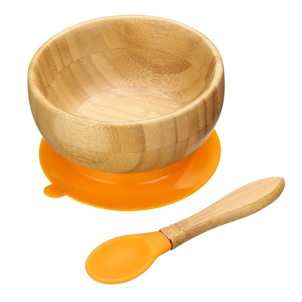 Orange Bowl Spoon Набор посуды для кормления детей, нескользящая миска на присоске, Детская бамбуковая пищевая Съемная обучающая термоизоляционная ложка - Цвет: Orange Bowl Spoon