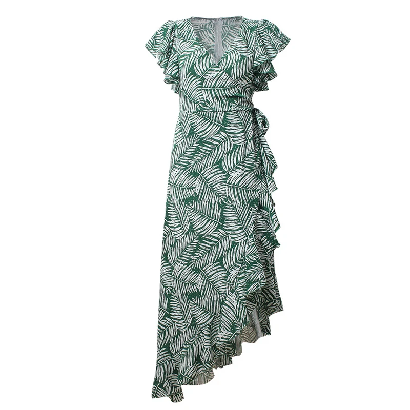 Erregina Ruffles Green Leaf Летнее платье сексуальное асимметричное с коротким рукавом
