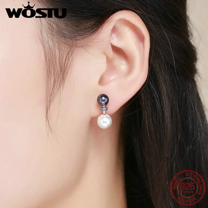 WOSTU, чистый 925 пробы, серебряный, черный и белый жемчуг, висячие серьги для женщин, S925 серебряные ювелирные изделия, аксессуары, подарок CQE304