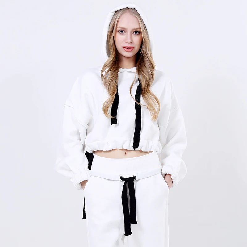TWOTWINSTYLE короткая худи для женщин Высокая талия фонарь рукав пуловер с капюшоном Топы Женская мода Повседневная одежда больших размеров - Цвет: White