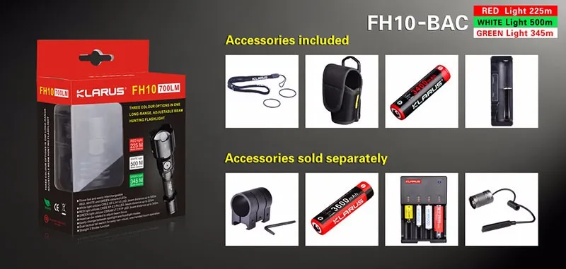 klarus FH10-BAC CREE XP-L HI V3 светодиодный регулируемый луч длинные диапазон зумирования фонарик с 2600 mAh Батарея и Зарядное устройство
