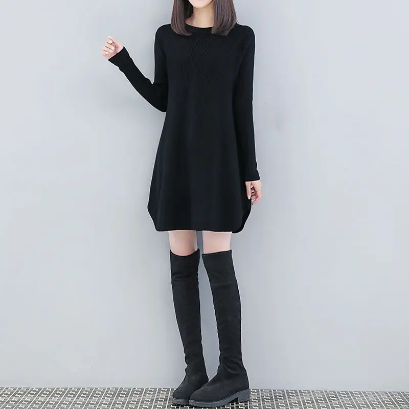 2018 Autumn Winter New Large Size 4XL Women's Loose Long Pullover Sweater Round Neck Solid Color Knit Bottom LQ551 |