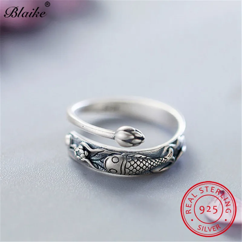 Античная 925 Серебряное кольцо Милая рыбка лотоса кольца для мужчин и женщин